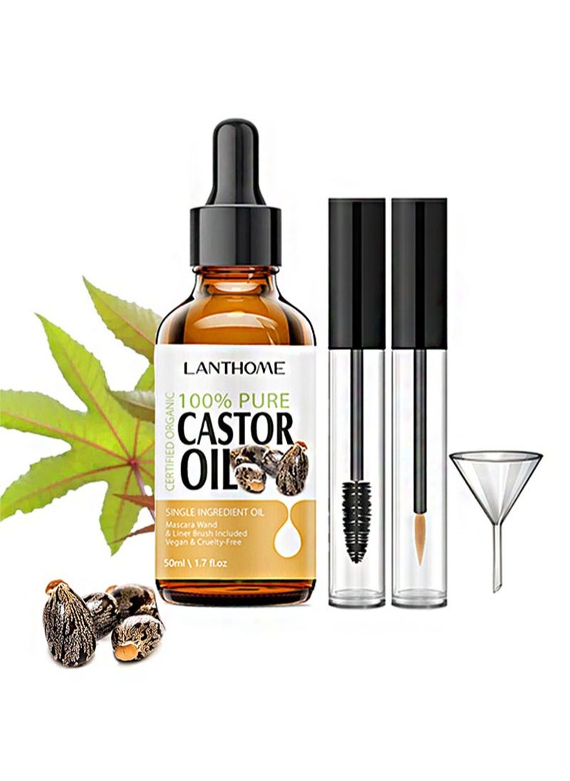 Castor Oil For Eyelashes And Eyebrows，Organic Jamaican Black Castor Oil Cold Pressed Hair Growth Oil，Skin Moisturizer Body Oil with Eyelash Kit（50ml）