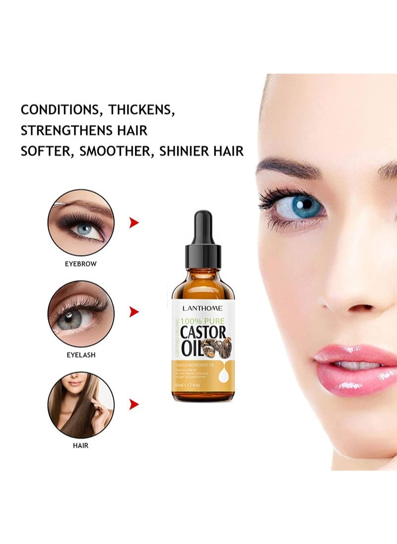 Castor Oil For Eyelashes And Eyebrows，Organic Jamaican Black Castor Oil Cold Pressed Hair Growth Oil，Skin Moisturizer Body Oil with Eyelash Kit（50ml）