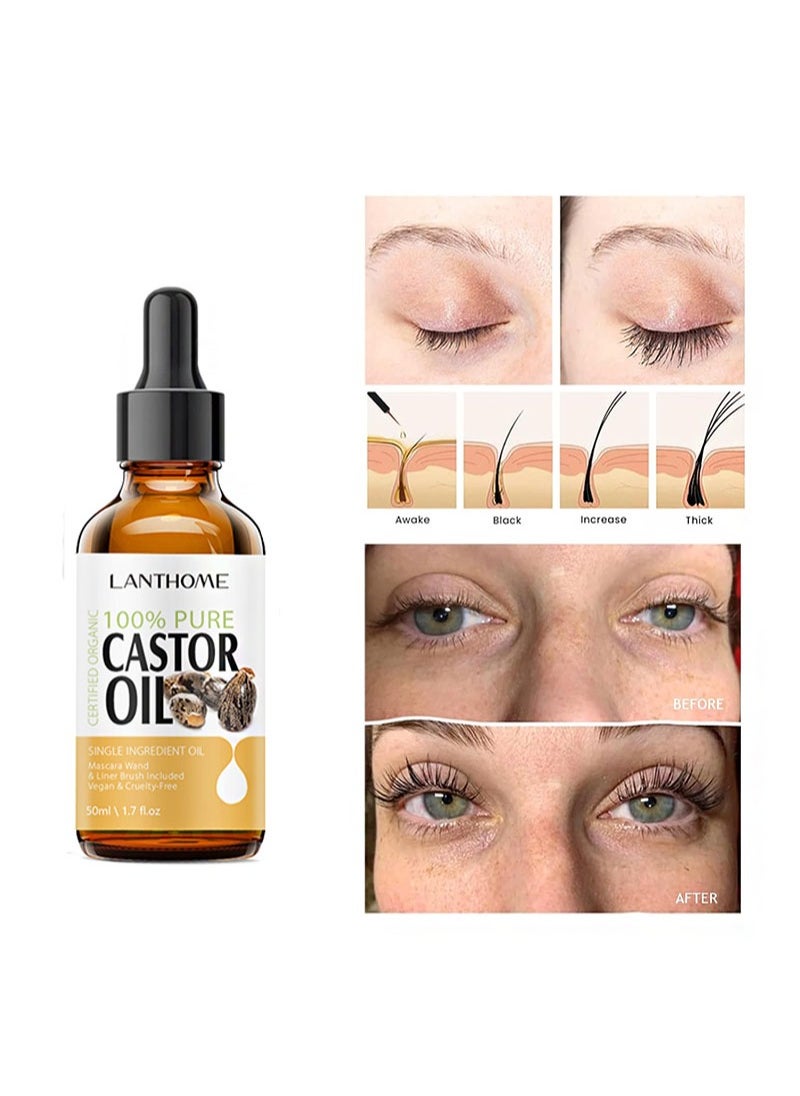 Castor Oil For Eyelashes And Eyebrows，Organic Jamaican Black Castor Oil Cold Pressed Hair Growth Oil，Skin Moisturizer Body Oil with Eyelash Kit（50ml）