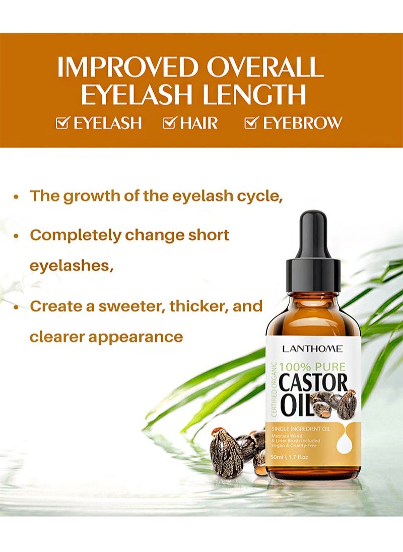 Castor Oil For Eyelashes And Eyebrows，Organic Jamaican Black Castor Oil Cold Pressed Hair Growth Oil，Skin Moisturizer Body Oil with Eyelash Kit（50ml）