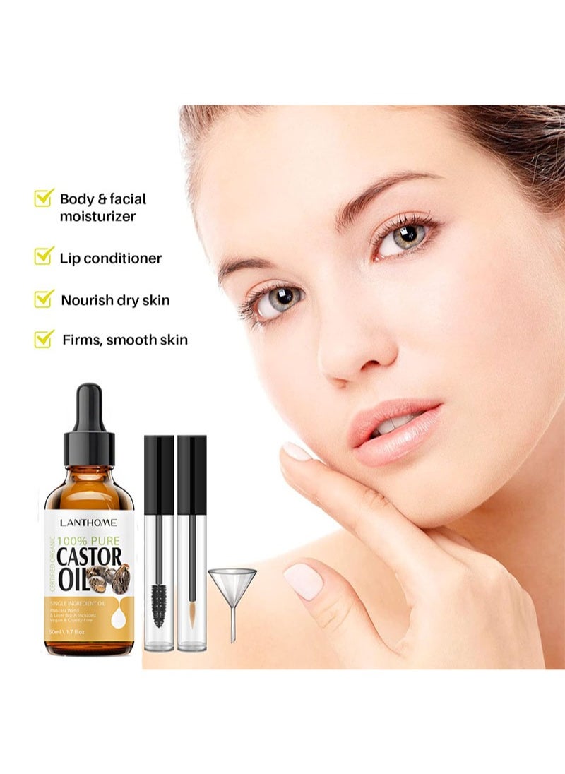 Castor Oil For Eyelashes And Eyebrows，Organic Jamaican Black Castor Oil Cold Pressed Hair Growth Oil，Skin Moisturizer Body Oil with Eyelash Kit（50ml）