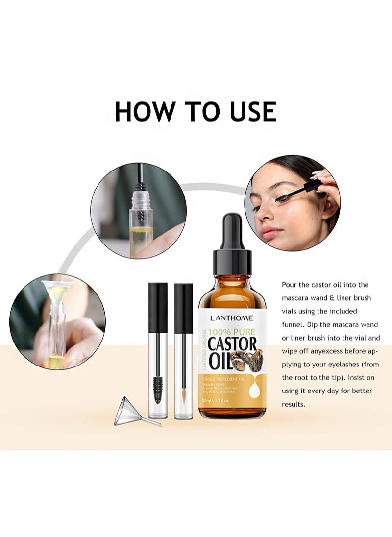 Castor Oil For Eyelashes And Eyebrows，Organic Jamaican Black Castor Oil Cold Pressed Hair Growth Oil，Skin Moisturizer Body Oil with Eyelash Kit（50ml）