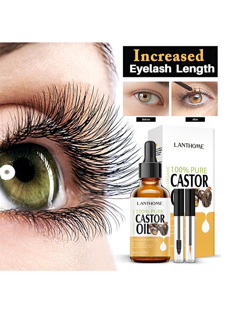 Castor Oil For Eyelashes And Eyebrows，Organic Jamaican Black Castor Oil Cold Pressed Hair Growth Oil，Skin Moisturizer Body Oil with Eyelash Kit（50ml）