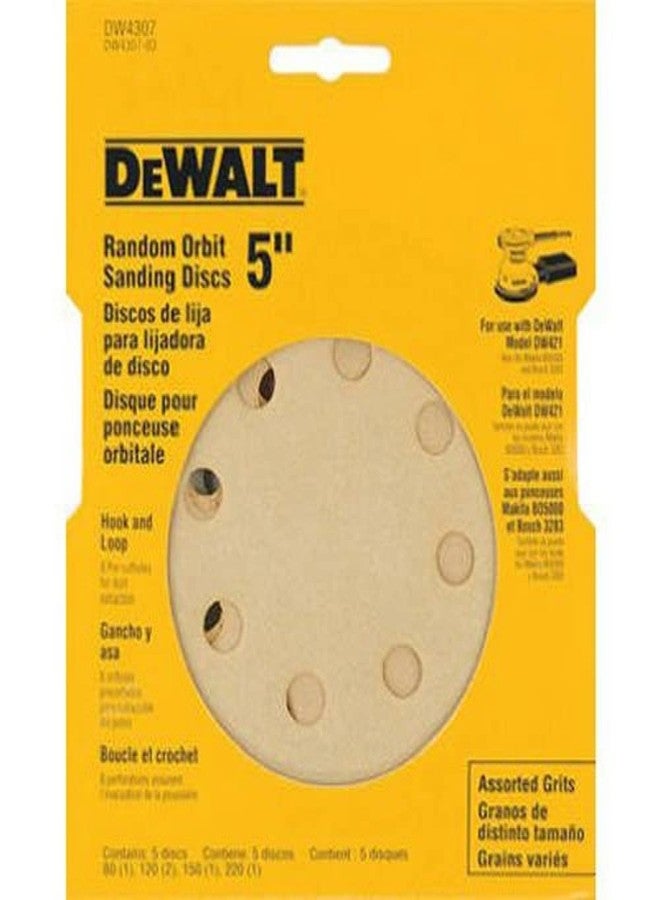 DEWALT DW4307 5-Inch 8 Hole Assortment Hook and Loop Random Orbit Sandpaper (5-Pack) - Image 1