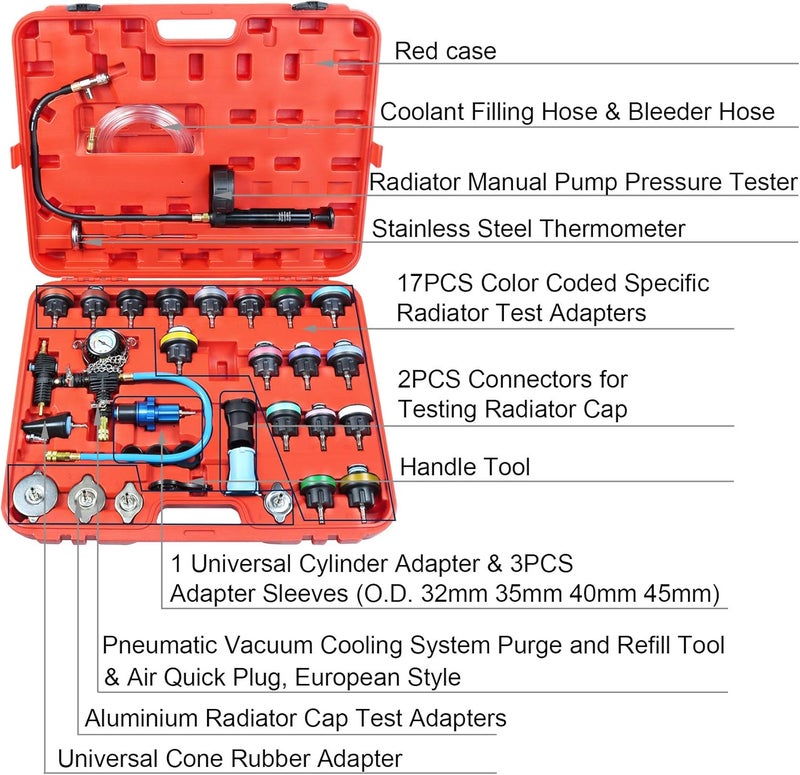 YSTOOL Radiator Pressure Tester Coolant Vacuum Refill Kit 33PCS Automotive Cooling System Leak Test Pneumatic Water Tank Purge Fill Tool Set with Gauge Adapter Cap Universal for Auto Car Airlift - Image 2
