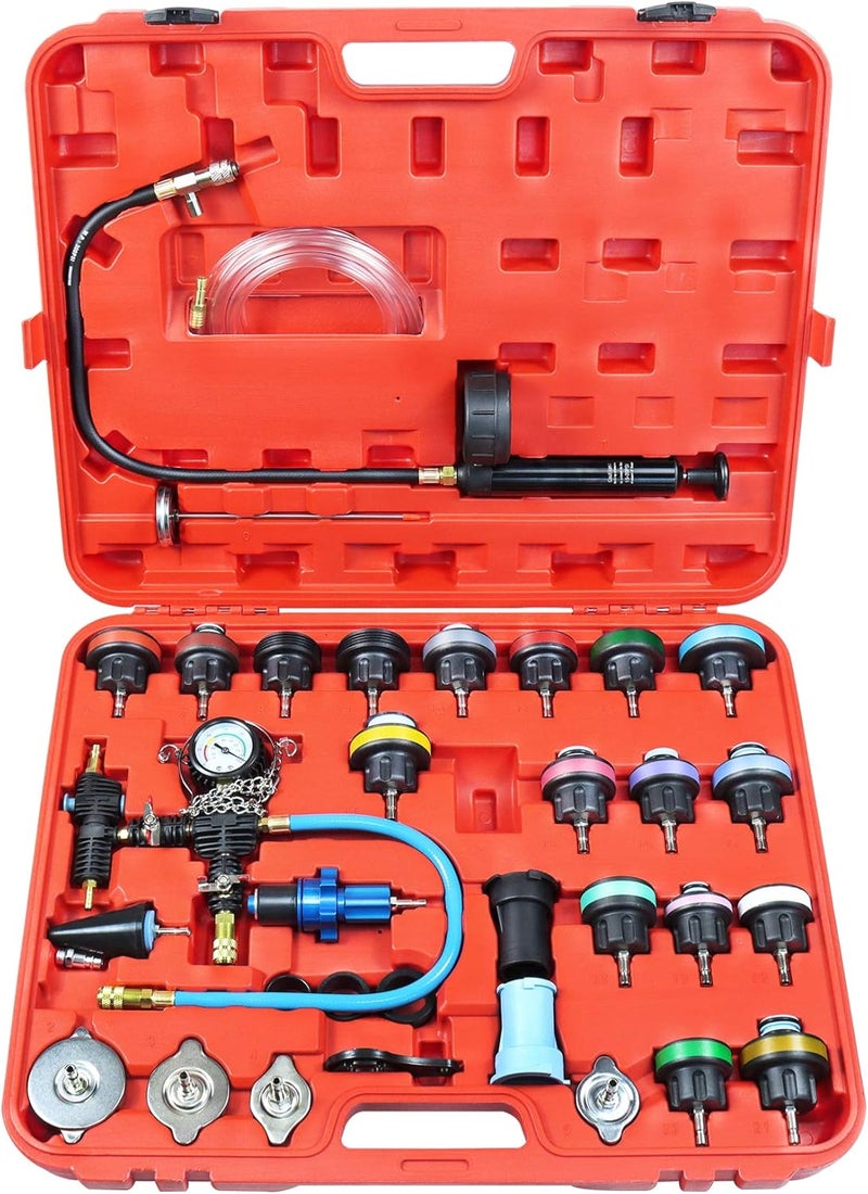 YSTOOL Radiator Pressure Tester Coolant Vacuum Refill Kit 33PCS Automotive Cooling System Leak Test Pneumatic Water Tank Purge Fill Tool Set with Gauge Adapter Cap Universal for Auto Car Airlift - Image 1