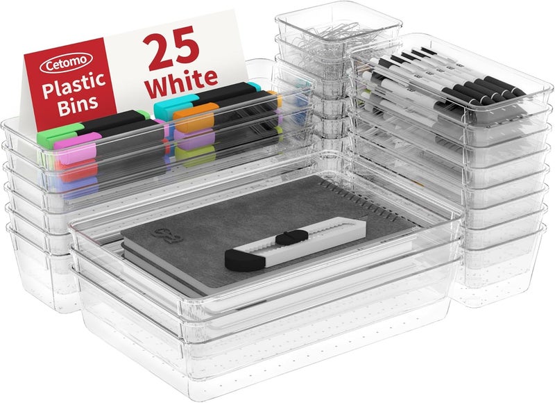Cetomo 25 Pieces Drawer Organizer Set, Plastic Drawer Organiser, Drawer Divider, Adjustable and Expandable Container Tray for Kitchen Utensils, Makeup, Clear, 4 Sizes-25 Pack - Image 1