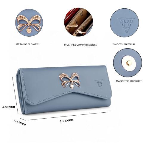 ALSU Women's Hand Wallet Purse Clutch | Phone Pocket| 4 Card Slots| Coin Pockets| Smooth Material (Light Blue) - Image 4