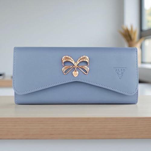ALSU Women's Hand Wallet Purse Clutch | Phone Pocket| 4 Card Slots| Coin Pockets| Smooth Material (Light Blue) - Image 3