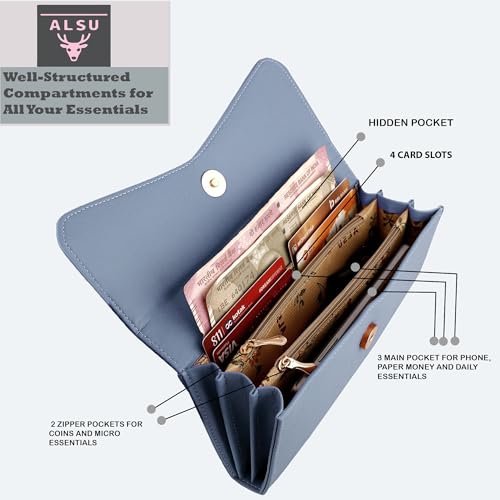 ALSU Women's Hand Wallet Purse Clutch | Phone Pocket| 4 Card Slots| Coin Pockets| Smooth Material (Light Blue) - Image 5