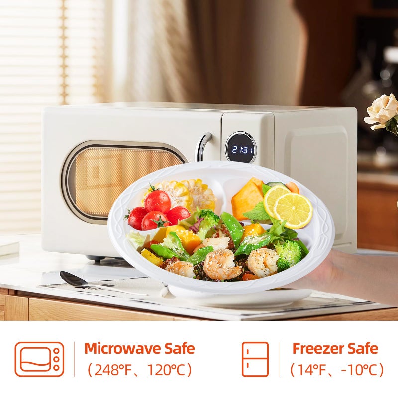 YANGRUI White Plastic Plates  10 Inch 3 Compartments Microwave Safe Disposable Plate Food Grade Material BPA Free Reusable MFPP Dinner Trays - Image 2