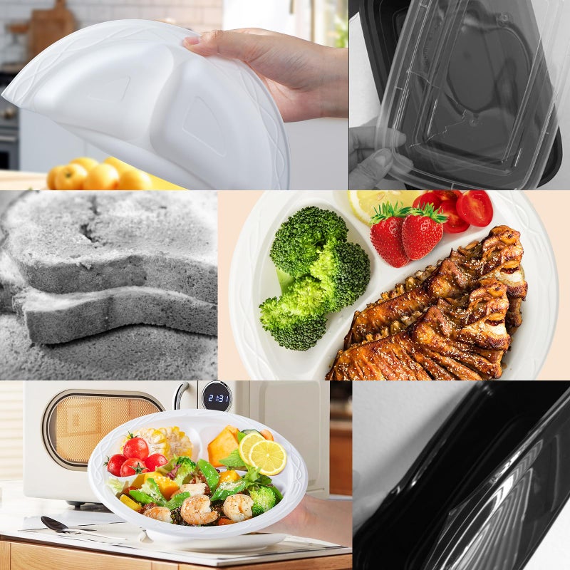 YANGRUI White Plastic Plates  10 Inch 3 Compartments Microwave Safe Disposable Plate Food Grade Material BPA Free Reusable MFPP Dinner Trays - Image 4