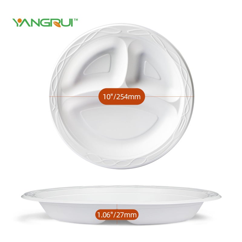 YANGRUI White Plastic Plates  10 Inch 3 Compartments Microwave Safe Disposable Plate Food Grade Material BPA Free Reusable MFPP Dinner Trays - Image 1