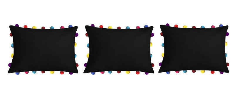 Lushomes Cushion Cover 14x20 Boho Cushion Covers Sofa Pillow Cover Cushion Covers with Tassels Cushion Cover with pom pom 14x20 Inches Set of 3 Black - Image 1