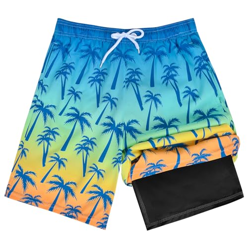 OlyPegic Boys Swim Trunks Size 10-12, Boy Swim Shorts Boy Bathing Suit Swimsuit Kids Swimwear Board Shorts with Boxer Brief Liner Compression Toddler Beach Running Swim Trunks (Coconut Tree) - Image 1