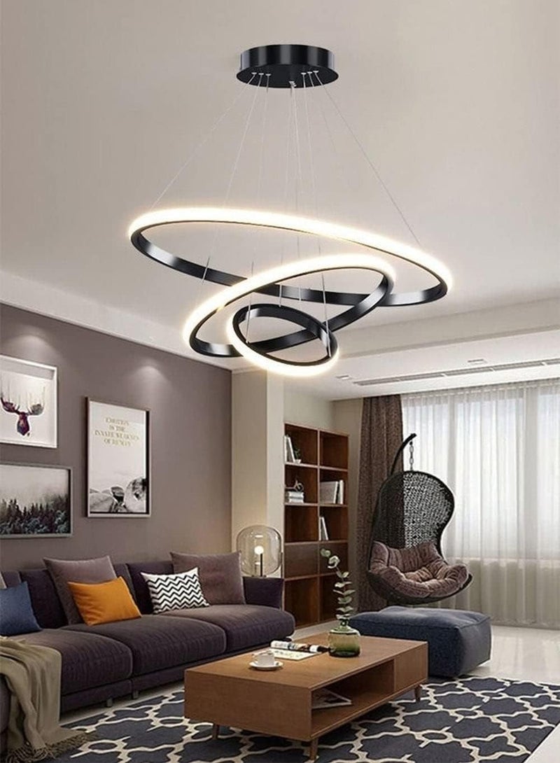 Led Ring Chandelier 3 Ring Dimmable Modern Adjustable Round Chandelier Led Chandelier Modern Pendant Light Adjustable Contemporary Lighter Fixtures for Kitchen Island Foyer High Ceiling Living Room (Black) - Image 1