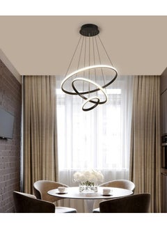 ماركة غير محددة ثريا حلقية LED ثلاثية الحلقات قابلة للتعديل وحديثة وخفيفة الوزن مع مصابيح LED ومصابيح معلّقة حديثة قابلة للتعديل لجزيرة المطبخ أو الردهة أو غرفة المعيشة ذات السقف المرتفع (أسود)  - Image 5