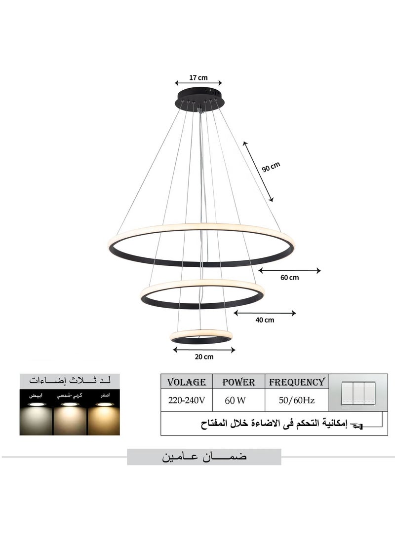 Led Ring Chandelier 3 Ring Dimmable Modern Adjustable Round Chandelier Led Chandelier Modern Pendant Light Adjustable Contemporary Lighter Fixtures for Kitchen Island Foyer High Ceiling Living Room (Black) - Image 4
