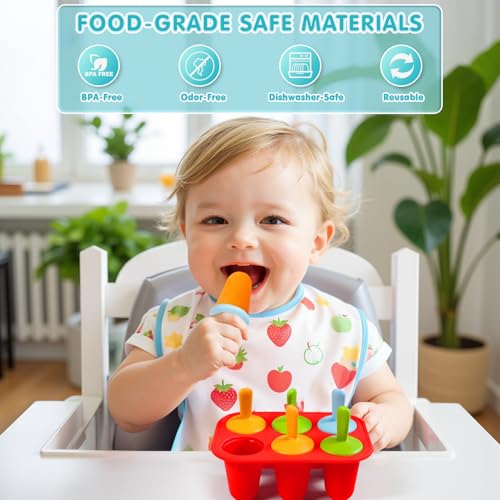 Miaowoof Silicone Popsicles Molds for Toddlers, 6-Cavity Non-BPA Premium Silicone Small Popsicle Molds, Ice Pop Mold with 6 Colorful Reusable Sticks for Kids (Red) - Image 2