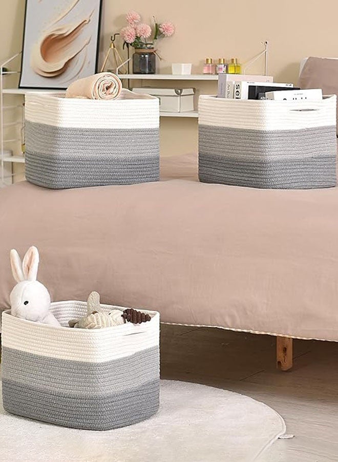 Hanayo 3 Pack Storage Basket for Organizing Woven Baskets Storage Bins & Toy Organizer with Handles Cotton Rope Storage Basket for Books Baby Basket for  Bedroom Living Room (White & Grey) - Image 3
