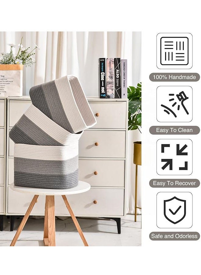 Hanayo 3 Pack Storage Basket for Organizing Woven Baskets Storage Bins & Toy Organizer with Handles Cotton Rope Storage Basket for Books Baby Basket for  Bedroom Living Room (White & Grey) - Image 5