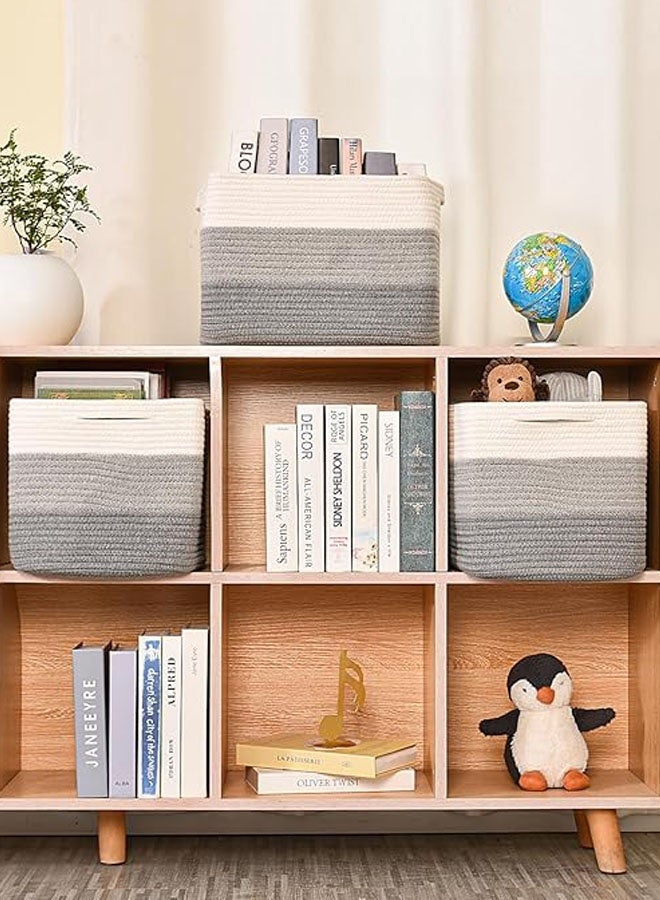 Hanayo 3 Pack Storage Basket for Organizing Woven Baskets Storage Bins & Toy Organizer with Handles Cotton Rope Storage Basket for Books Baby Basket for  Bedroom Living Room (White & Grey) - Image 2