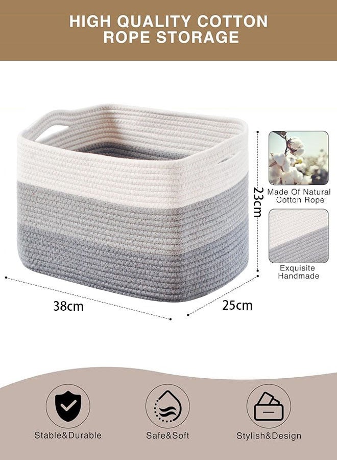 Hanayo 3 Pack Storage Basket for Organizing Woven Baskets Storage Bins & Toy Organizer with Handles Cotton Rope Storage Basket for Books Baby Basket for  Bedroom Living Room (White & Grey) - Image 4