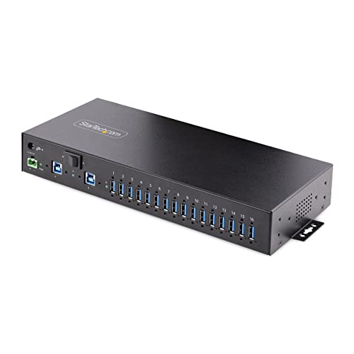 Startech.com StarTechcom 16Port Industrial USB 30 Hub 5Gbps Metal DINSurfaceRack Mountable ESD Protection Terminal Block Power up to 120W Shared USB Charging DualHost HubSwitch TAA - Image 1