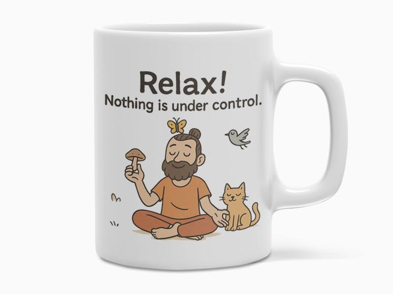 TAJNAN Relax Coffee Mug – Funny Quote “Nothing is Under Control” – Quirky Cartoon Ceramic Cup 330 ml, Gift for Friends, Office and Yoga Lovers - Image 1