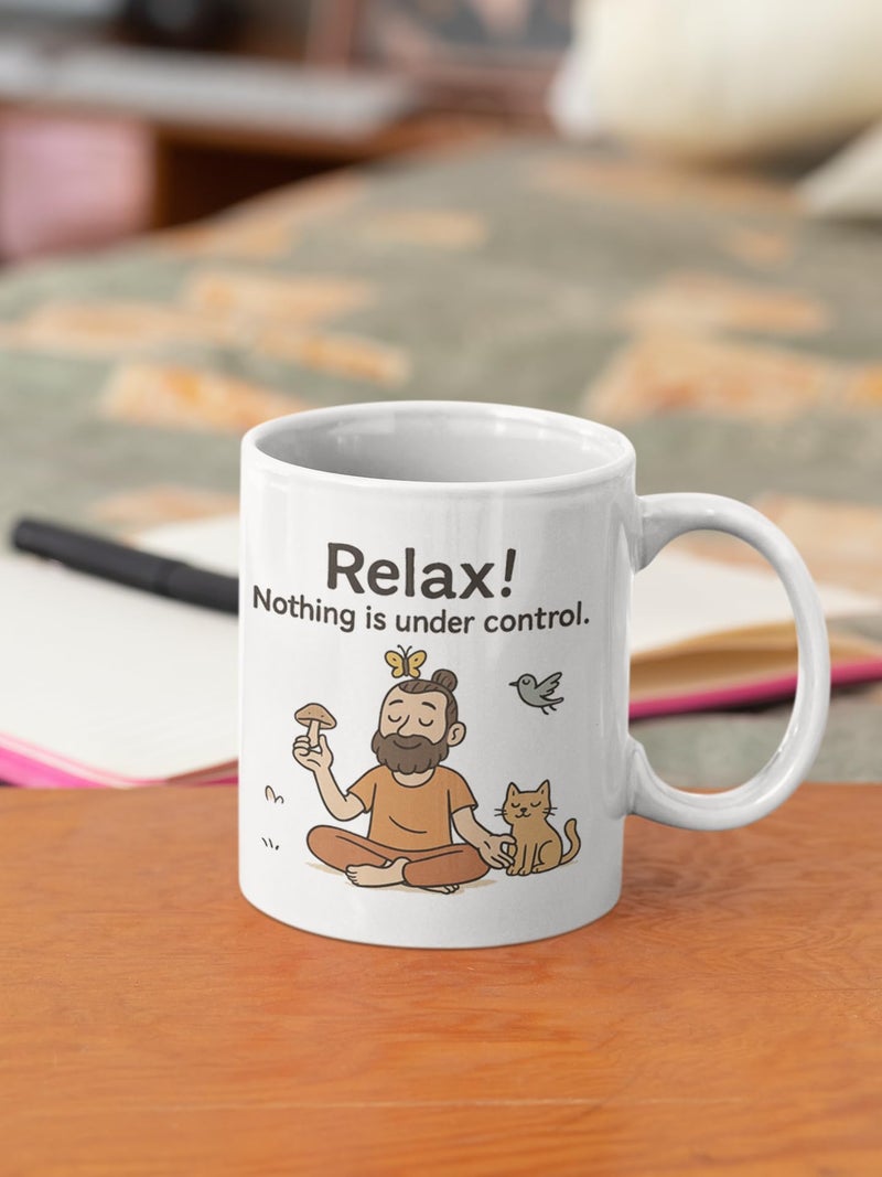 TAJNAN Relax Coffee Mug – Funny Quote “Nothing is Under Control” – Quirky Cartoon Ceramic Cup 330 ml, Gift for Friends, Office and Yoga Lovers - Image 4