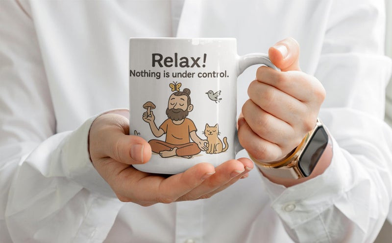 TAJNAN Relax Coffee Mug – Funny Quote “Nothing is Under Control” – Quirky Cartoon Ceramic Cup 330 ml, Gift for Friends, Office and Yoga Lovers - Image 3