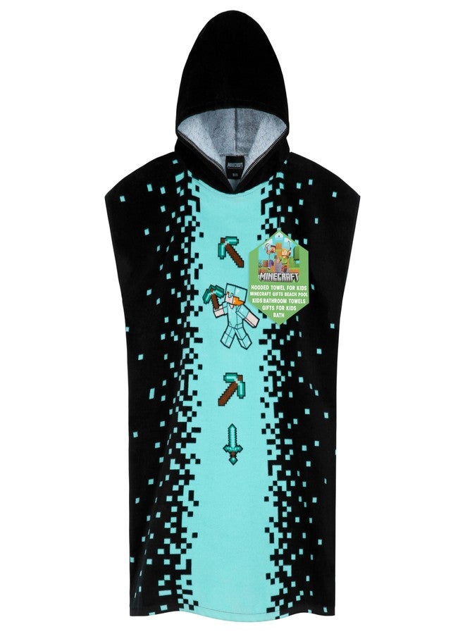 Minecraft Towelling Poncho Kids Teens Hooded Bath Towels Absorbent Beach Towel (Black/Blue, 10-13 Years) - Image 1