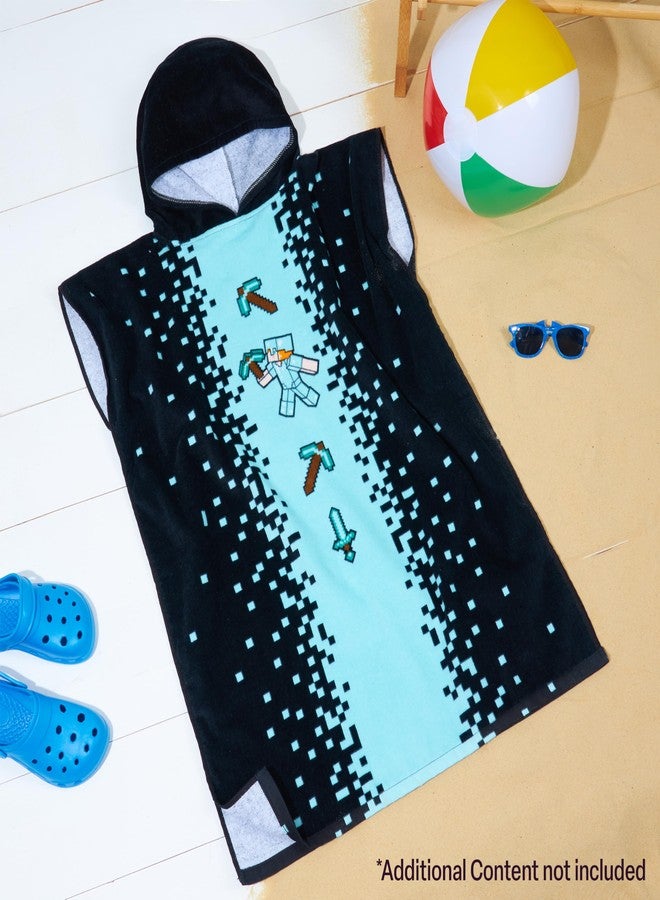 Minecraft Towelling Poncho Kids Teens Hooded Bath Towels Absorbent Beach Towel (Black/Blue, 10-13 Years) - Image 5