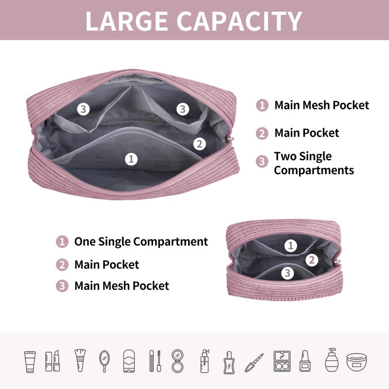 MAGEFY Small Makeup Bag for Purse Mini Cosmetics Bag Corduroy Cute Cosmetic Pouch for Women with Slip-in Pockets (Pink) - Image 3