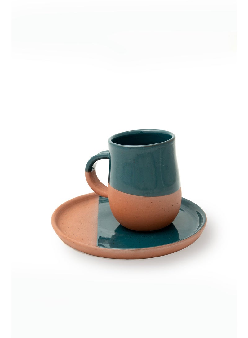 ARK Handmade Terracotta Mug & Saucer Set (Mug with Plate), Two-Tone Midnight Blue Glazed Coffee/Tea Cup, Premium Artisan Drinkware - Image 1