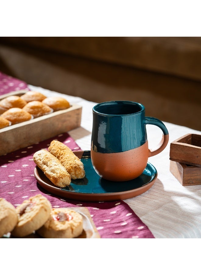 ARK Handmade Terracotta Mug & Saucer Set (Mug with Plate), Two-Tone Midnight Blue Glazed Coffee/Tea Cup, Premium Artisan Drinkware - Image 3