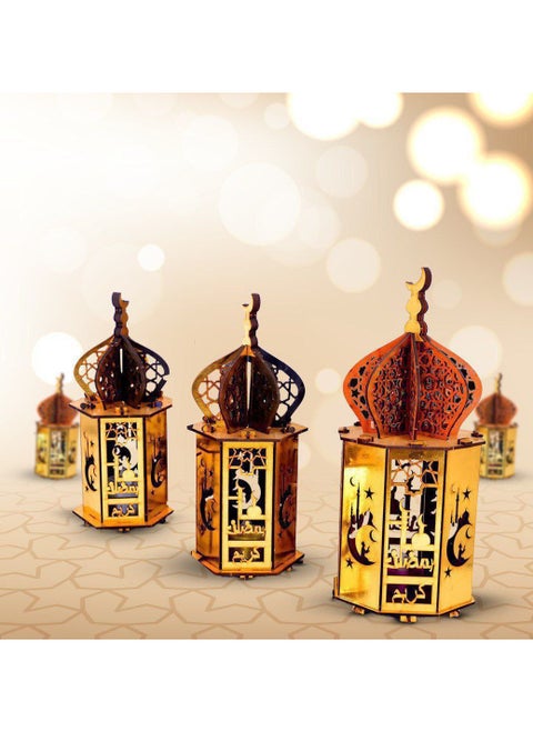 Modern Ramadan 3-piece lantern set Get ready for Ramadan with this modern lantern set! The set of illuminated wooden lanterns comes in three different sizes, ready to light up your home and spread joy during the blessed times of worship and iftar. The dimensions of the lanterns are 29 cm, 24 cm, and 20 cm, multi-colored