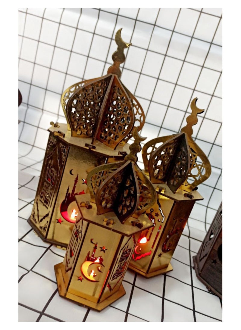 Modern Ramadan 3-piece lantern set Get ready for Ramadan with this modern lantern set! The set of illuminated wooden lanterns comes in three different sizes, ready to light up your home and spread joy during the blessed times of worship and iftar. The dimensions of the lanterns are 29 cm, 24 cm, and 20 cm, multi-colored