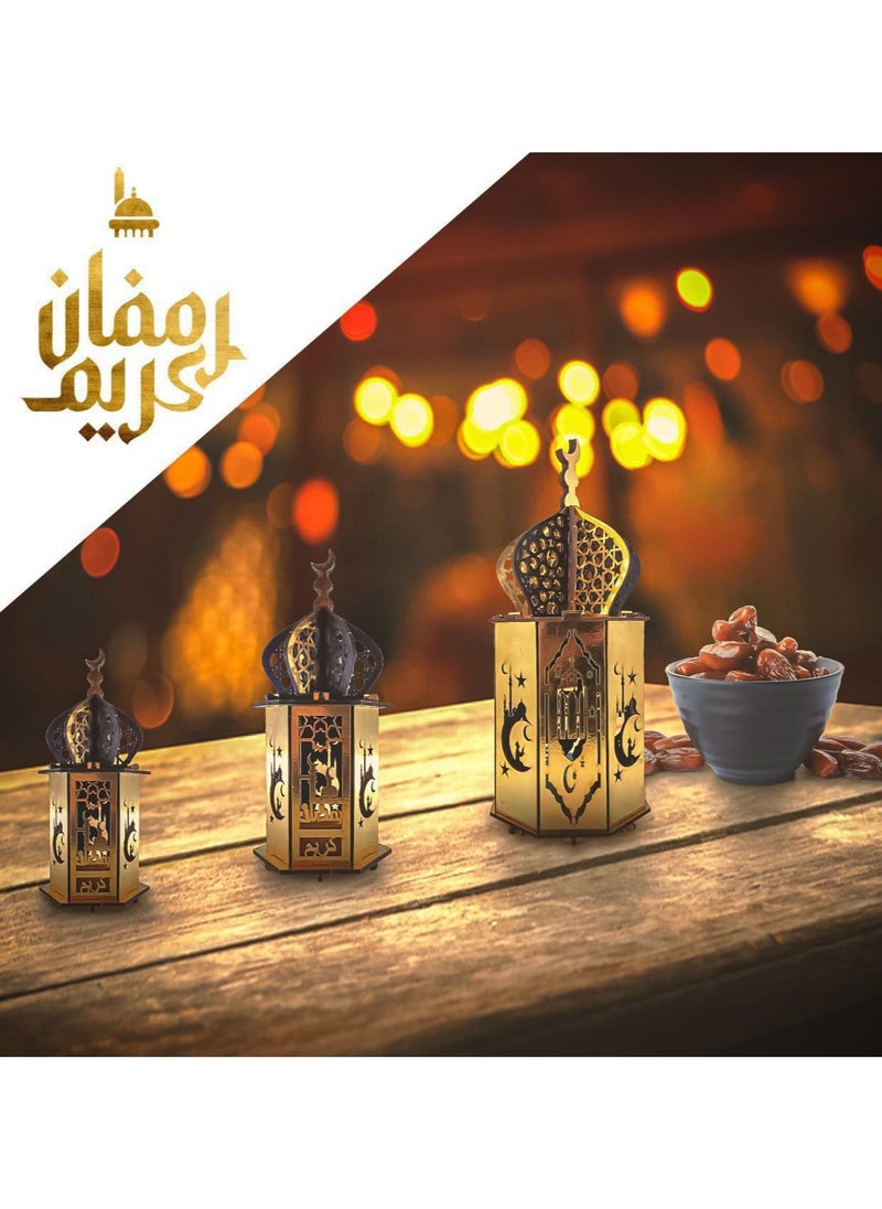 Modern Ramadan 3-piece lantern set Get ready for Ramadan with this modern lantern set! The set of illuminated wooden lanterns comes in three different sizes, ready to light up your home and spread joy during the blessed times of worship and iftar. The dimensions of the lanterns are 29 cm, 24 cm, and 20 cm, multi-colored
