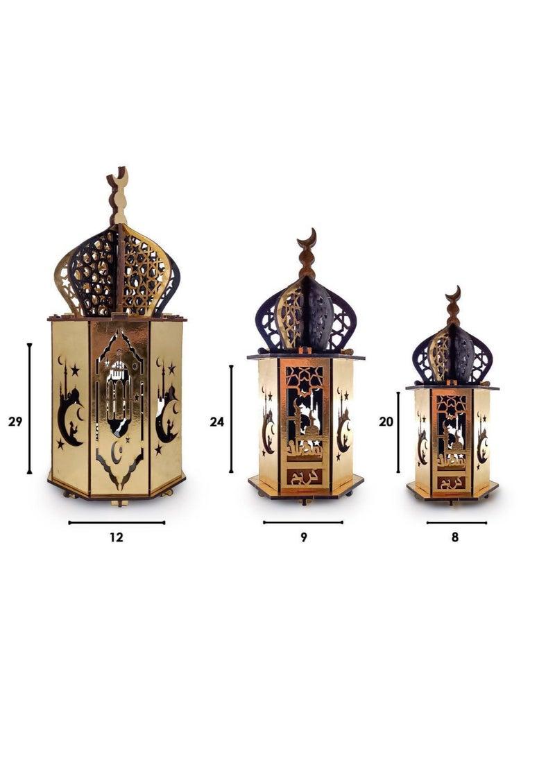 Modern Ramadan 3-piece lantern set Get ready for Ramadan with this modern lantern set! The set of illuminated wooden lanterns comes in three different sizes, ready to light up your home and spread joy during the blessed times of worship and iftar. The dimensions of the lanterns are 29 cm, 24 cm, and 20 cm, multi-colored