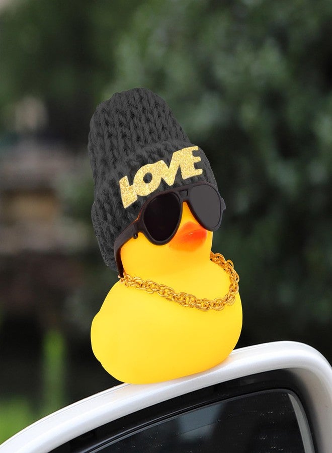 wonuu Car Dashboard Rubber Ducks Saint Valentine's Day Decorations, Christmas Eve Rubber Ducky for Car Ornament Cute Duck with Love Knit Hat, Glasses, Necklace, Black - Image 3
