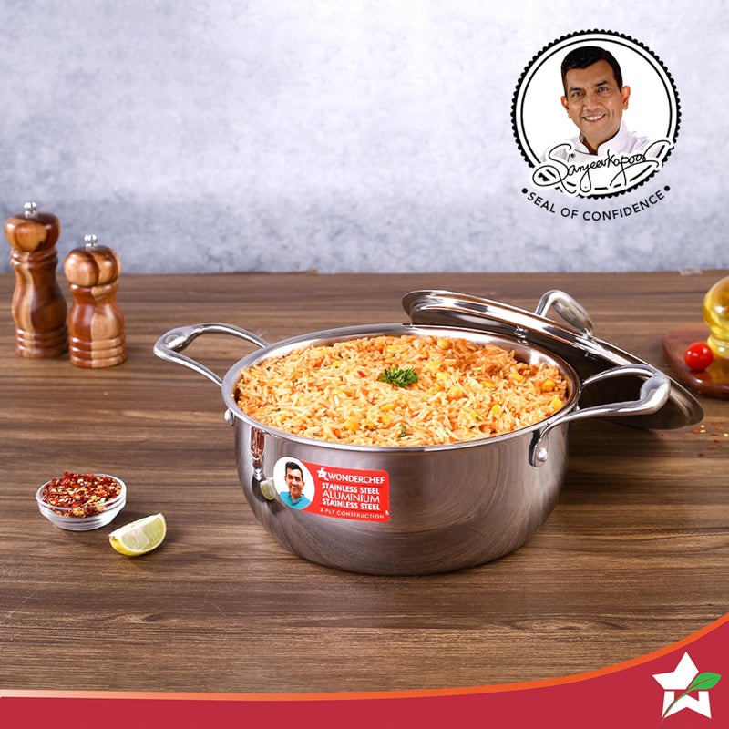 Wonderchef Nigella Tri-ply Stainless Steel 22 cm Casserole | 3.2 litres | 2.6mm Thickness | Induction Base | Compatible with All cooktops | Riveted Cool-Touch Handle | 10 Year Warranty - Image 3