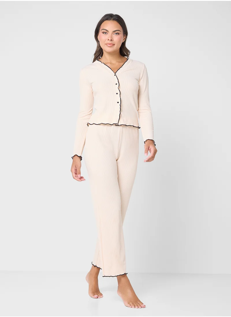 Ginger Button Down Pyjama Set With Contrast Trim