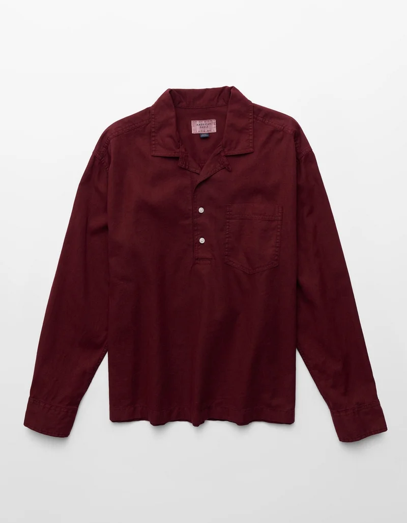 American Eagle  AE Relaxed Fit Linen-Blend Popover Shirt for Men | Best Price UAE