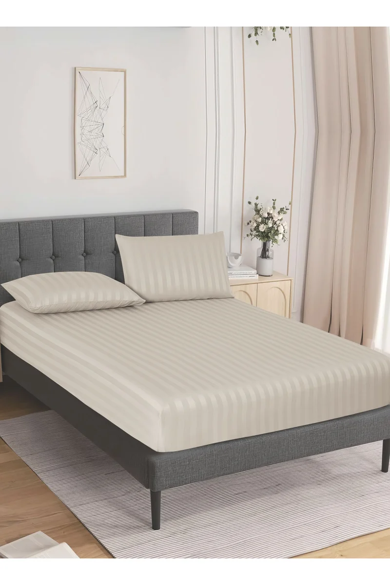 Donetella 3-Piece Striped Bedding Set – King Fitted Sheet 180x200+35 cm with All-Around Elastic &amp; 2 Matching Pillowcases