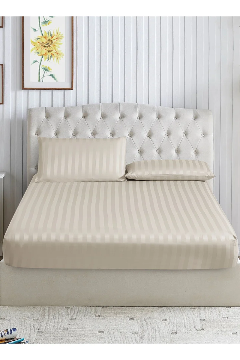 Donetella 3-Piece Striped Bedding Set – King Fitted Sheet 180x200+35 cm with All-Around Elastic &amp; 2 Matching Pillowcases