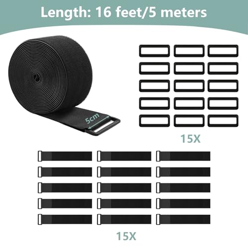 WSZJINB 2In x 16Ft Cable Straps Heavy Duty With 15 Buckles, Black Hook and Loop Straps, Reusable Cable Ties for Organizer or Storage - Image 2