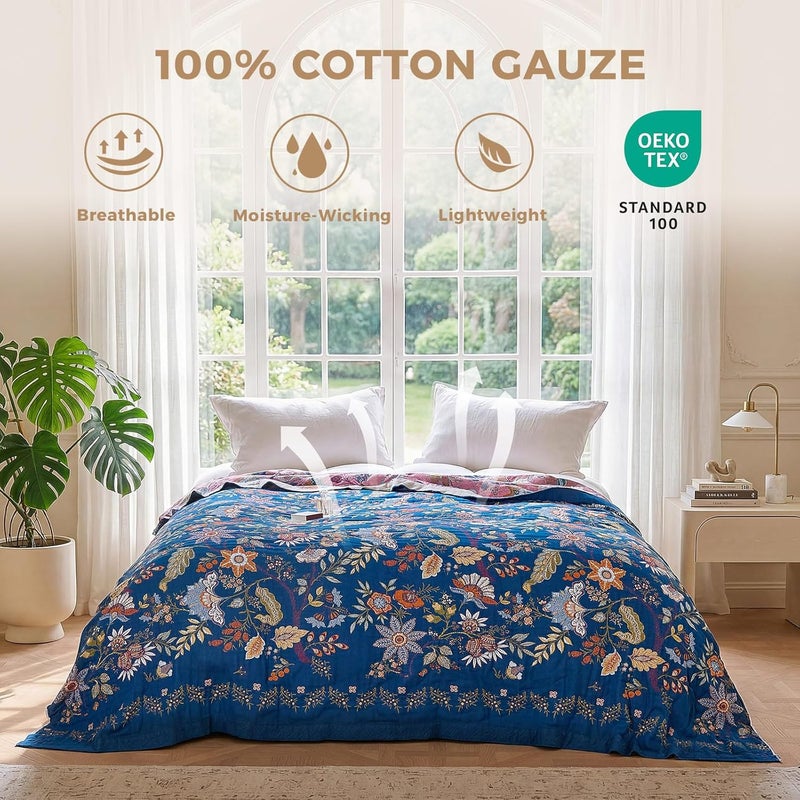 LUTBM Boho Throw Blanket for Bed Cotton Blankets Twin Size for Bedroom Living Room All Season Lightweight Floral Embroidery Quilt for Couch Sofa Chair 60"x80" - Image 2