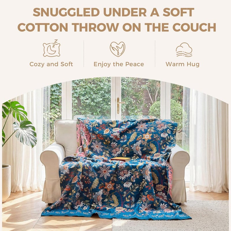 LUTBM Boho Throw Blanket for Bed Cotton Blankets Twin Size for Bedroom Living Room All Season Lightweight Floral Embroidery Quilt for Couch Sofa Chair 60"x80" - Image 4