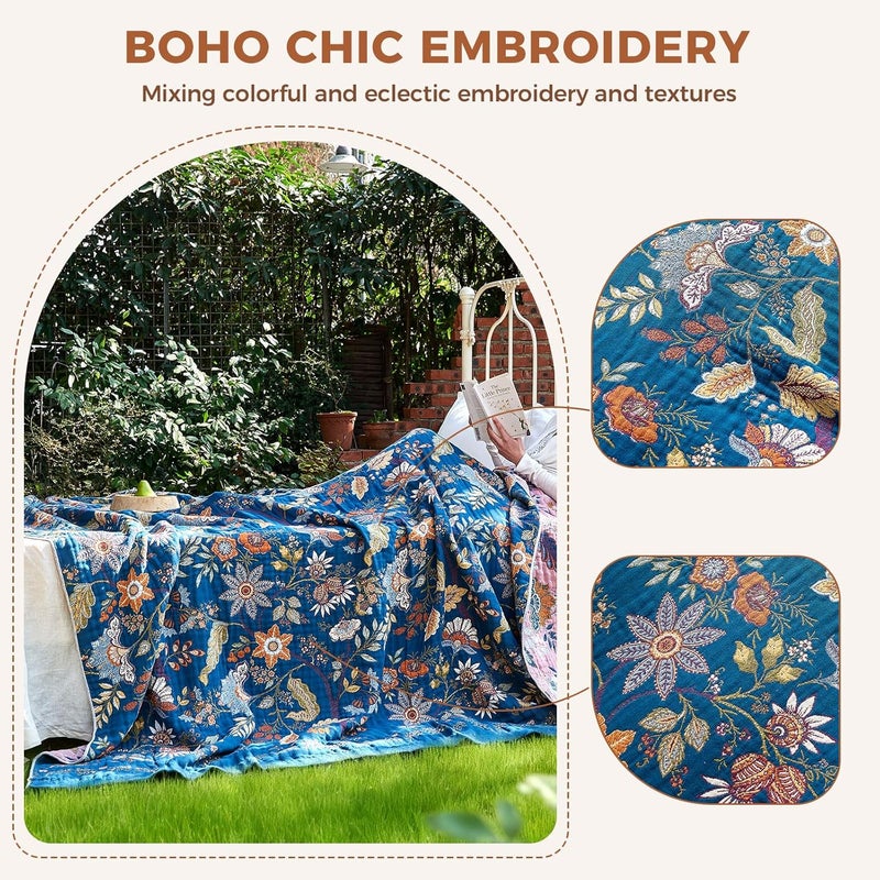 LUTBM Boho Throw Blanket for Bed Cotton Blankets Twin Size for Bedroom Living Room All Season Lightweight Floral Embroidery Quilt for Couch Sofa Chair 60"x80" - Image 3